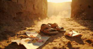 Abandoned child's sandals and broken toys in dusty Afghan courtyard with torn book pages and crumbling walls