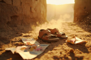 Abandoned child's sandals and broken toys in dusty Afghan courtyard with torn book pages and crumbling walls