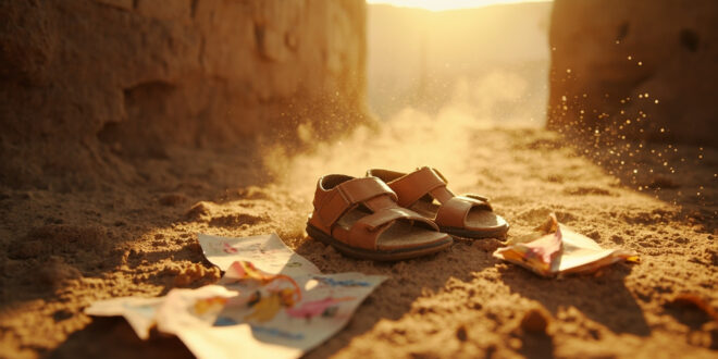 Abandoned child's sandals and broken toys in dusty Afghan courtyard with torn book pages and crumbling walls