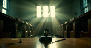 Empty courtroom with wooden benches and scales of justice, gavel on judge's bench, bathed in natural light
