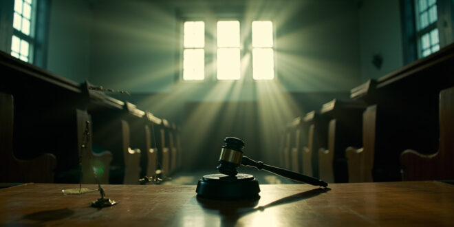 Empty courtroom with wooden benches and scales of justice, gavel on judge's bench, bathed in natural light