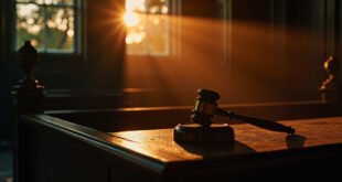 Empty judge's bench with abandoned gavel in a dimly lit courthouse chamber at dusk after verdict announcement
