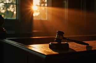 Empty judge's bench with abandoned gavel in a dimly lit courthouse chamber at dusk after verdict announcement