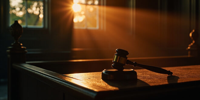 Empty judge's bench with abandoned gavel in a dimly lit courthouse chamber at dusk after verdict announcement