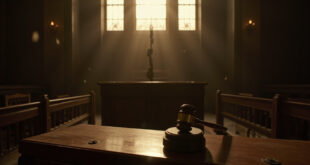 Empty federal courthouse with wooden gavel on bench, vacant witness stand, and dust-filled beams of light through windows