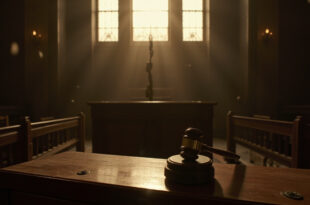 Empty federal courthouse with wooden gavel on bench, vacant witness stand, and dust-filled beams of light through windows