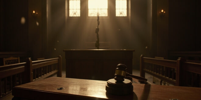 Empty federal courthouse with wooden gavel on bench, vacant witness stand, and dust-filled beams of light through windows