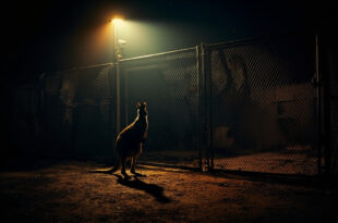 Empty kangaroo enclosure with reinforced fencing and security cameras at deserted zoo grounds illuminated by amber lighting at night