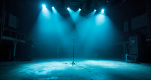 Abandoned Comedy Central studio at night with unmanned equipment, lone microphone on empty stage lit by neon blue lighting