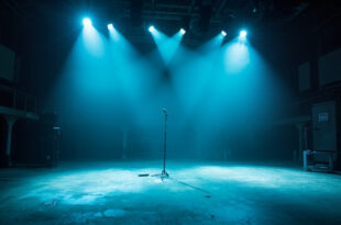 Abandoned Comedy Central studio at night with unmanned equipment, lone microphone on empty stage lit by neon blue lighting
