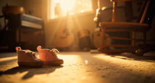 Empty music studio with baby shoes beside instruments and acoustic guitar leaning against rocking chair in warm lighting