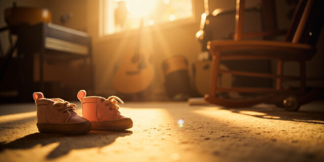 Empty music studio with baby shoes beside instruments and acoustic guitar leaning against rocking chair in warm lighting