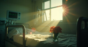 Empty hospital room with inactive medical equipment and fresh flowers bathed in soft natural light after patient's passing