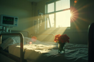 Empty hospital room with inactive medical equipment and fresh flowers bathed in soft natural light after patient's passing