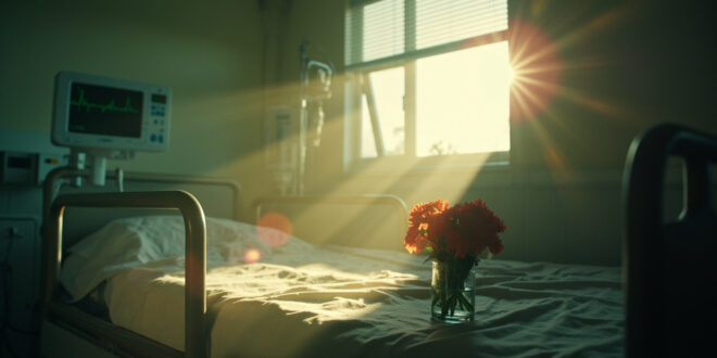 Empty hospital room with inactive medical equipment and fresh flowers bathed in soft natural light after patient's passing