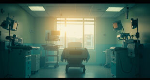 Empty hospital room with unused medical equipment bathed in dawn light, symbolizing long waiting and quiet hope