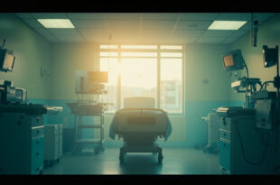 Empty hospital room with unused medical equipment bathed in dawn light, symbolizing long waiting and quiet hope