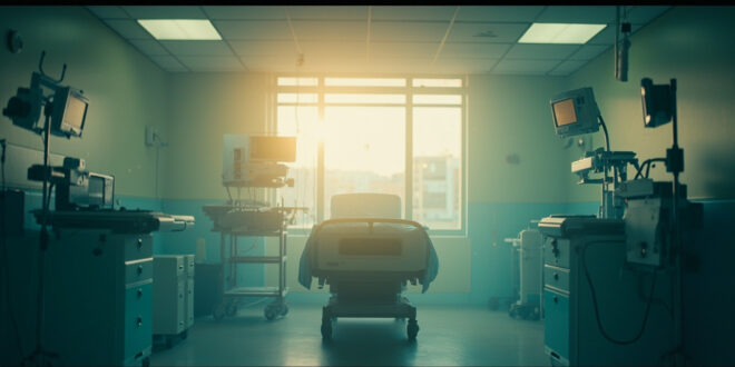 Empty hospital room with unused medical equipment bathed in dawn light, symbolizing long waiting and quiet hope