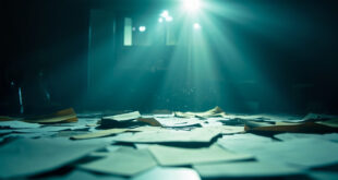 Unopened diplomatic correspondence on vacant conference table in abandoned political office with scattered papers