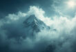 Snow-covered mountain peak engulfed by storm clouds in remote Karakoram range during harsh weather conditions