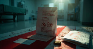 Cannabis cookies package with warning labels and danger symbols displayed in a sterile emergency room setting