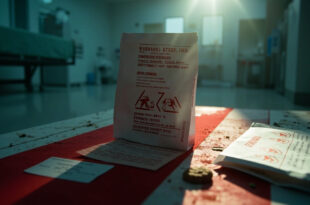Cannabis cookies package with warning labels and danger symbols displayed in a sterile emergency room setting