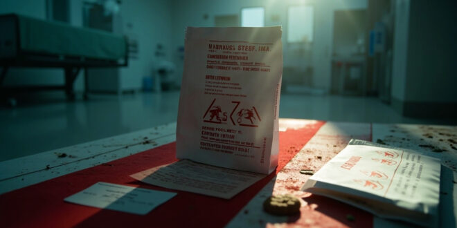 Cannabis cookies package with warning labels and danger symbols displayed in a sterile emergency room setting