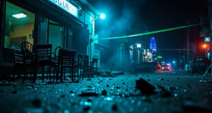 Empty shisha bar entrance cordoned with police tape on dark urban street with overturned chairs and broken glass