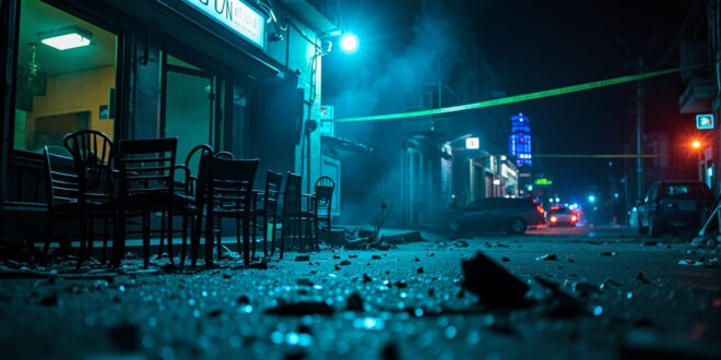 Empty shisha bar entrance cordoned with police tape on dark urban street with overturned chairs and broken glass