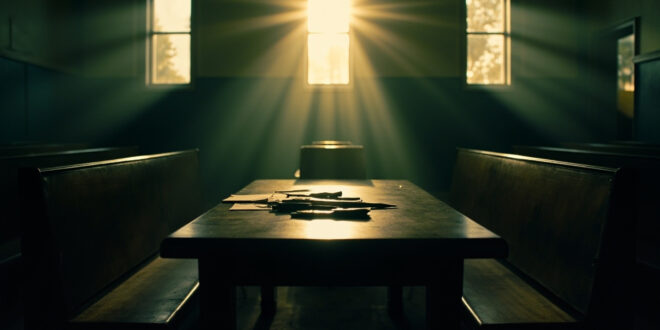 Empty courtroom at dawn with knife sheath and documents on evidence table, bathed in early morning light