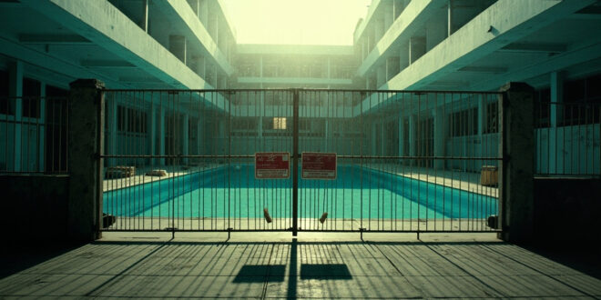 Empty public swimming pool behind locked gate with prohibition signs at a border area facility