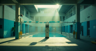 Empty municipal swimming pool with closed access barriers and unmanned entrance gate with document checkpoint