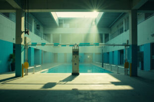 Empty municipal swimming pool with closed access barriers and unmanned entrance gate with document checkpoint
