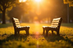 Two empty wooden benches face each other in a peaceful park bathed in warm morning sunlight and surrounded by greenery.