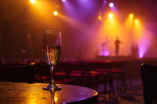 Empty champagne glass and abandoned chairs in deserted castle courtyard, lone microphone on empty stage after performance