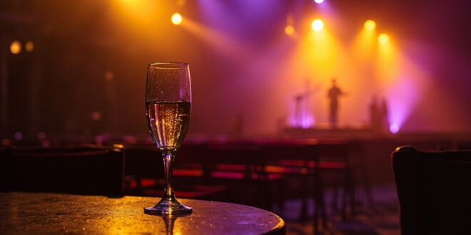 Empty champagne glass and abandoned chairs in deserted castle courtyard, lone microphone on empty stage after performance