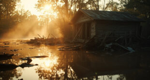 Destroyed cabin remains partially submerged in muddy water at flooded Texas campground during dawn