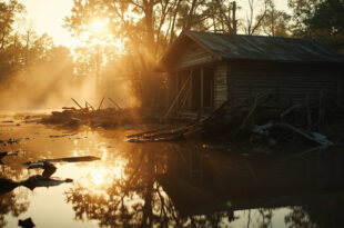 Destroyed cabin remains partially submerged in muddy water at flooded Texas campground during dawn
