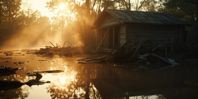 Destroyed cabin remains partially submerged in muddy water at flooded Texas campground during dawn