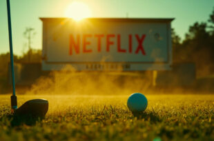Lone golf ball on pristine tee at abandoned golf course during golden hour, with Netflix logo visible on scoreboard