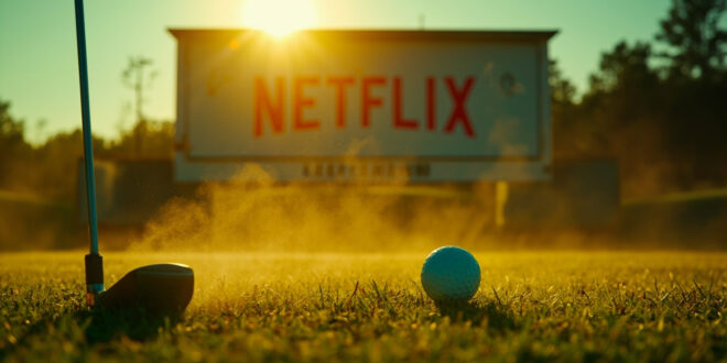 Lone golf ball on pristine tee at abandoned golf course during golden hour, with Netflix logo visible on scoreboard