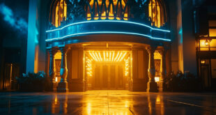 Empty luxurious cinema lobby with ornate marquee illuminated in blue and gold, decorated for Smurfs movie premiere
