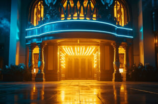 Empty luxurious cinema lobby with ornate marquee illuminated in blue and gold, decorated for Smurfs movie premiere