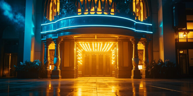 Empty luxurious cinema lobby with ornate marquee illuminated in blue and gold, decorated for Smurfs movie premiere