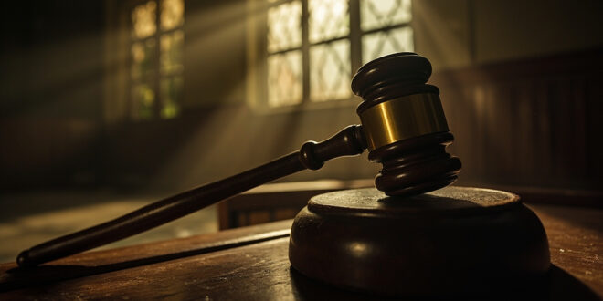 Solitary judge's gavel rests on an empty wooden bench in an abandoned courthouse, illuminated by dramatic light.