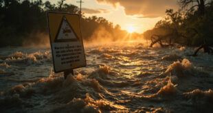 Swollen river overflowing its banks in flooded Texas landscape at dawn, with submerged warning signs and debris visible