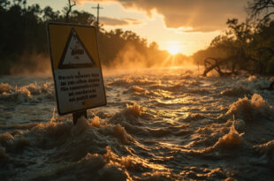 Swollen river overflowing its banks in flooded Texas landscape at dawn, with submerged warning signs and debris visible