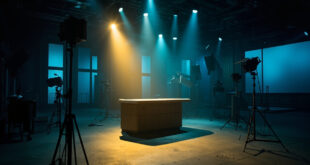 Abandoned television studio at night with empty chairs and vacant host desk illuminated by a golden spotlight in deep blue darkness.