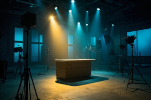 Abandoned television studio at night with empty chairs and vacant host desk illuminated by a golden spotlight in deep blue darkness.
