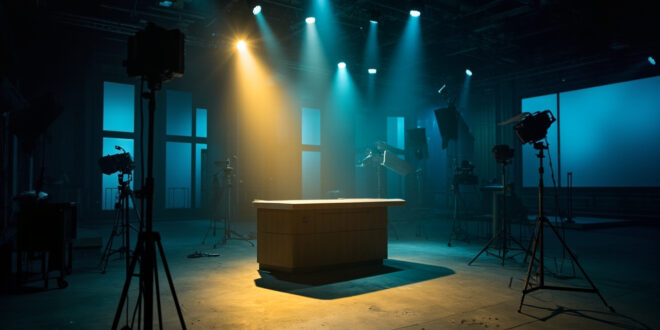 Abandoned television studio at night with empty chairs and vacant host desk illuminated by a golden spotlight in deep blue darkness.